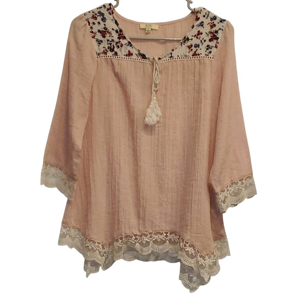 Kori Women's Long Sleeve Floral Lace Trim Flowy Crinkle Hippie Shirt Size Small